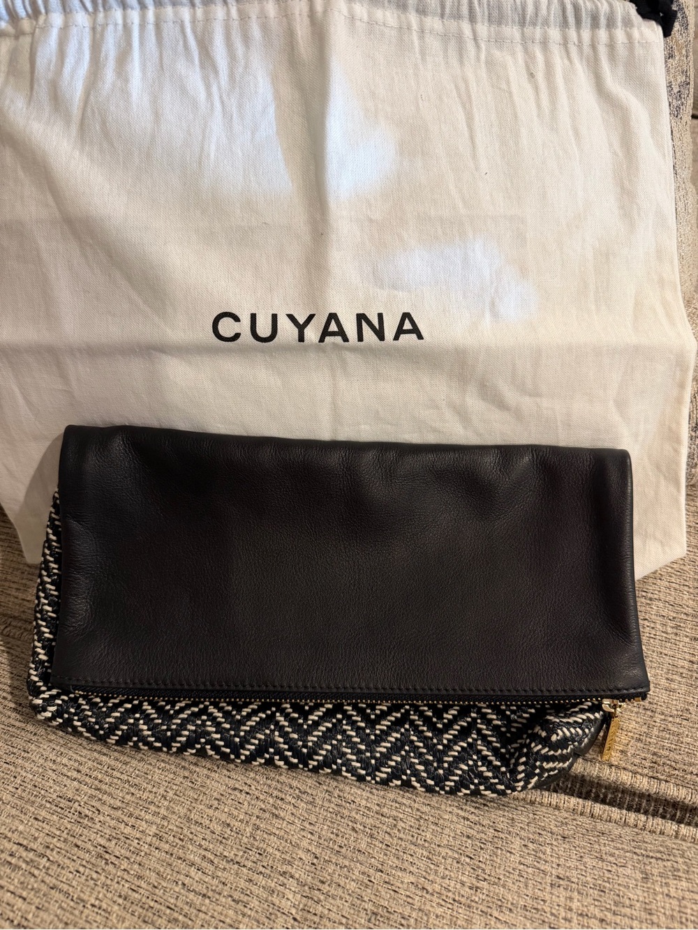 Cuyana Raffia Foldover Clutch Black Leather Herringbone Pouch w/ Dust Bag New!